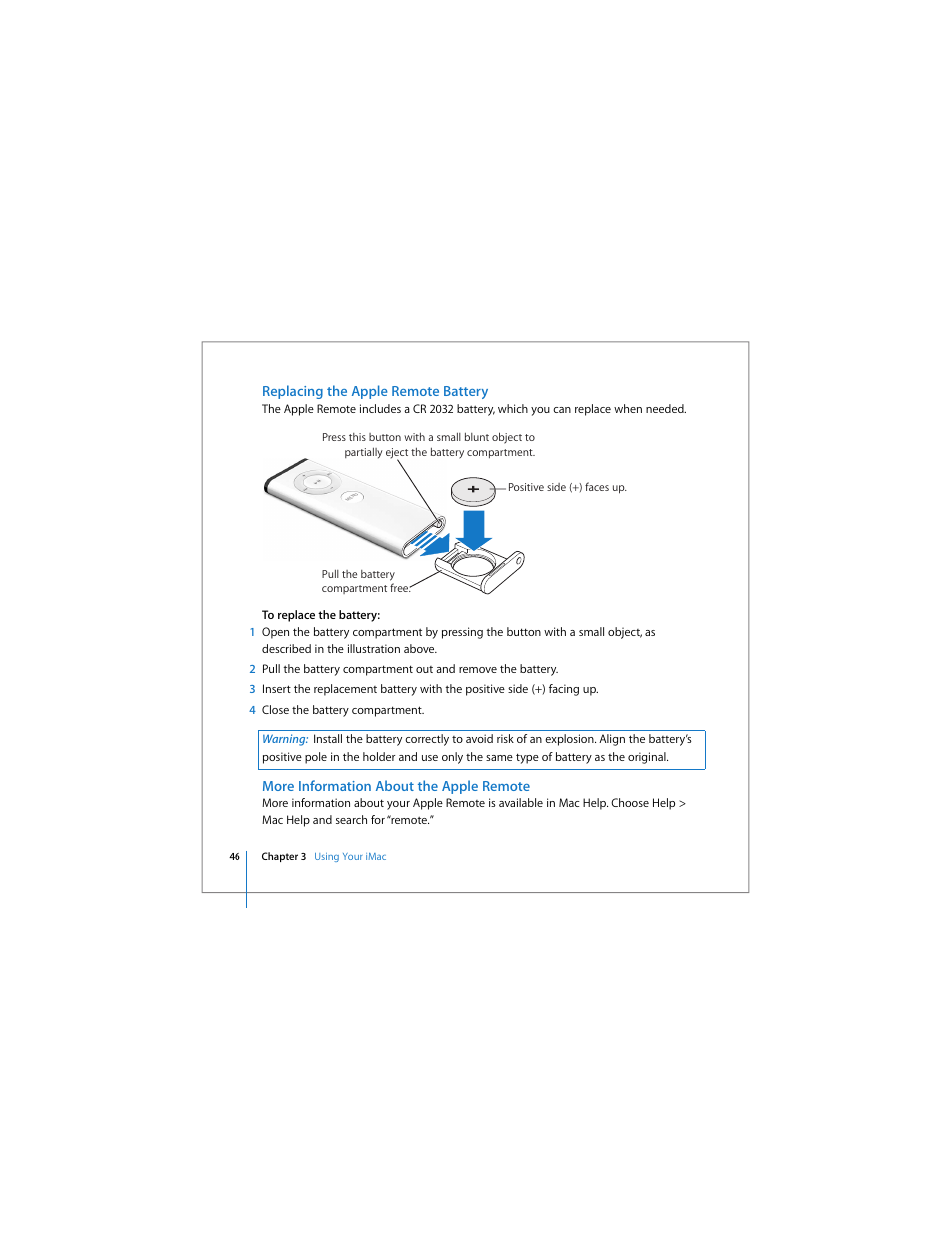 Replacing the apple remote battery, More information about the apple remote | Apple iMac (Early 2006) User Manual | Page 46 / 120