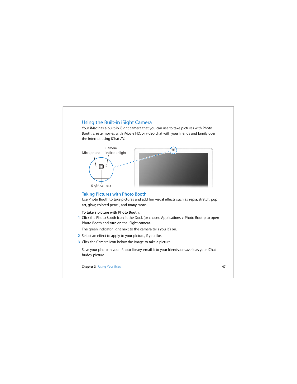 Using the built-in isight camera, Taking pictures with photo booth | Apple iMac (Early 2006) User Manual | Page 47 / 120