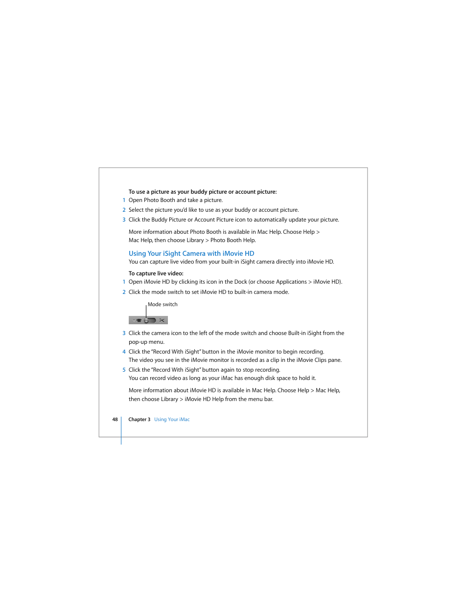 Using your isight camera with imovie hd | Apple iMac (Early 2006) User Manual | Page 48 / 120