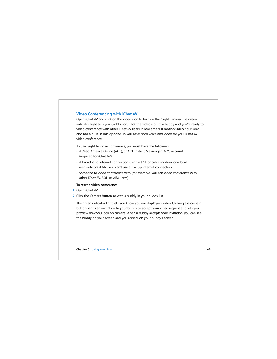 Video conferencing with ichat av | Apple iMac (Early 2006) User Manual | Page 49 / 120