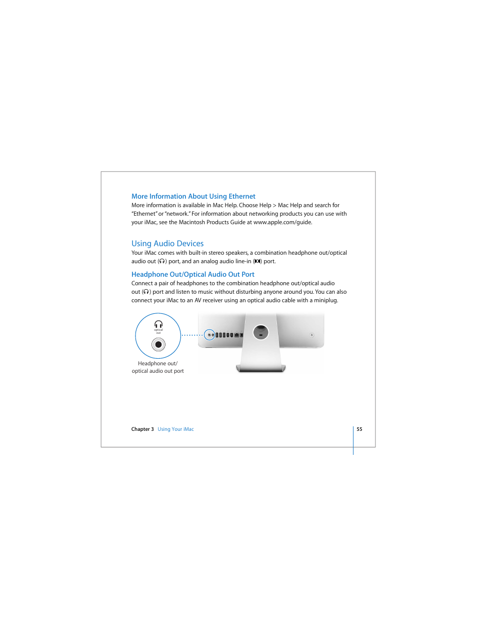 More information about using ethernet, Using audio devices, Headphone out/optical audio out port | Apple iMac (Early 2006) User Manual | Page 55 / 120