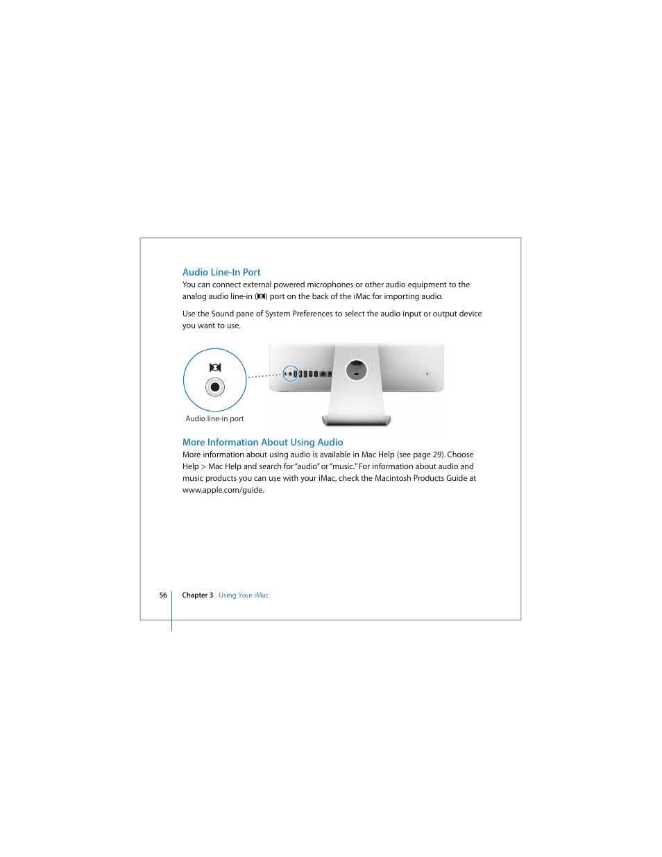 Audio line-in port, More information about using audio | Apple iMac (Early 2006) User Manual | Page 56 / 120