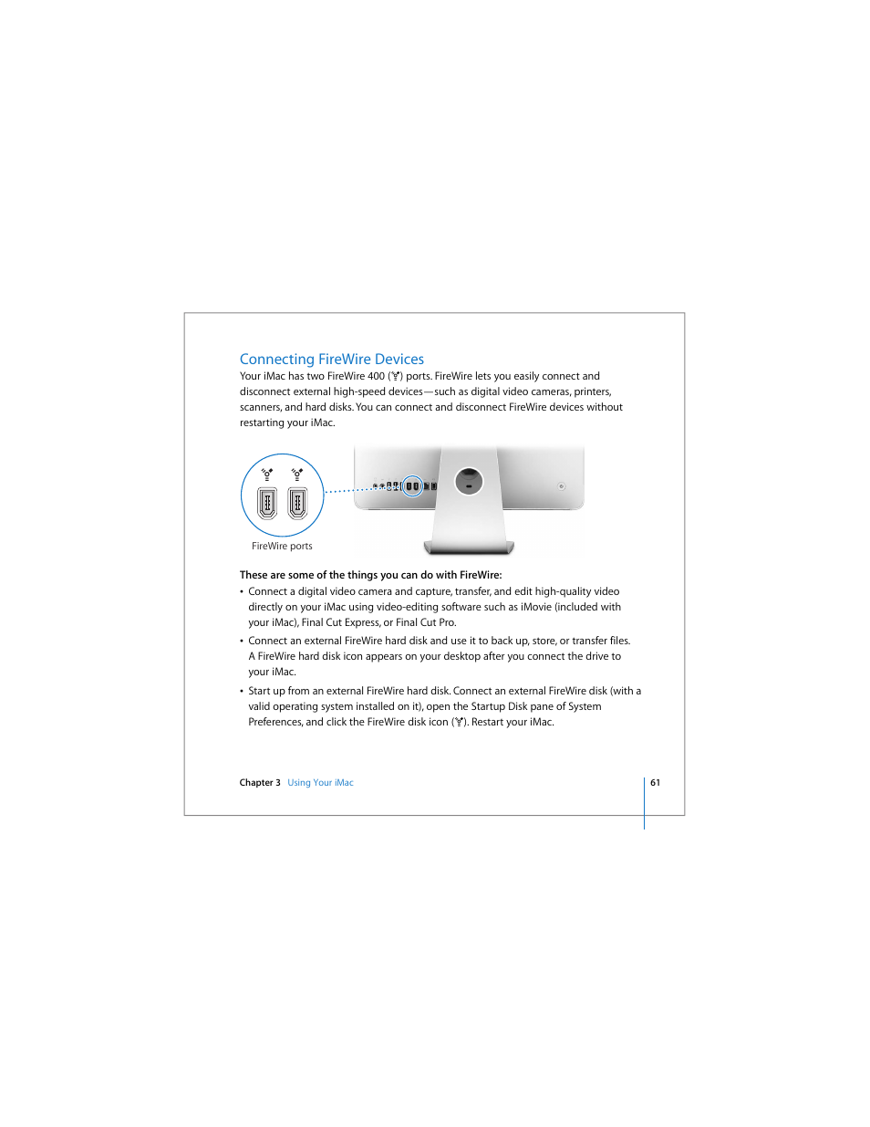 Connecting firewire devices | Apple iMac (Early 2006) User Manual | Page 61 / 120