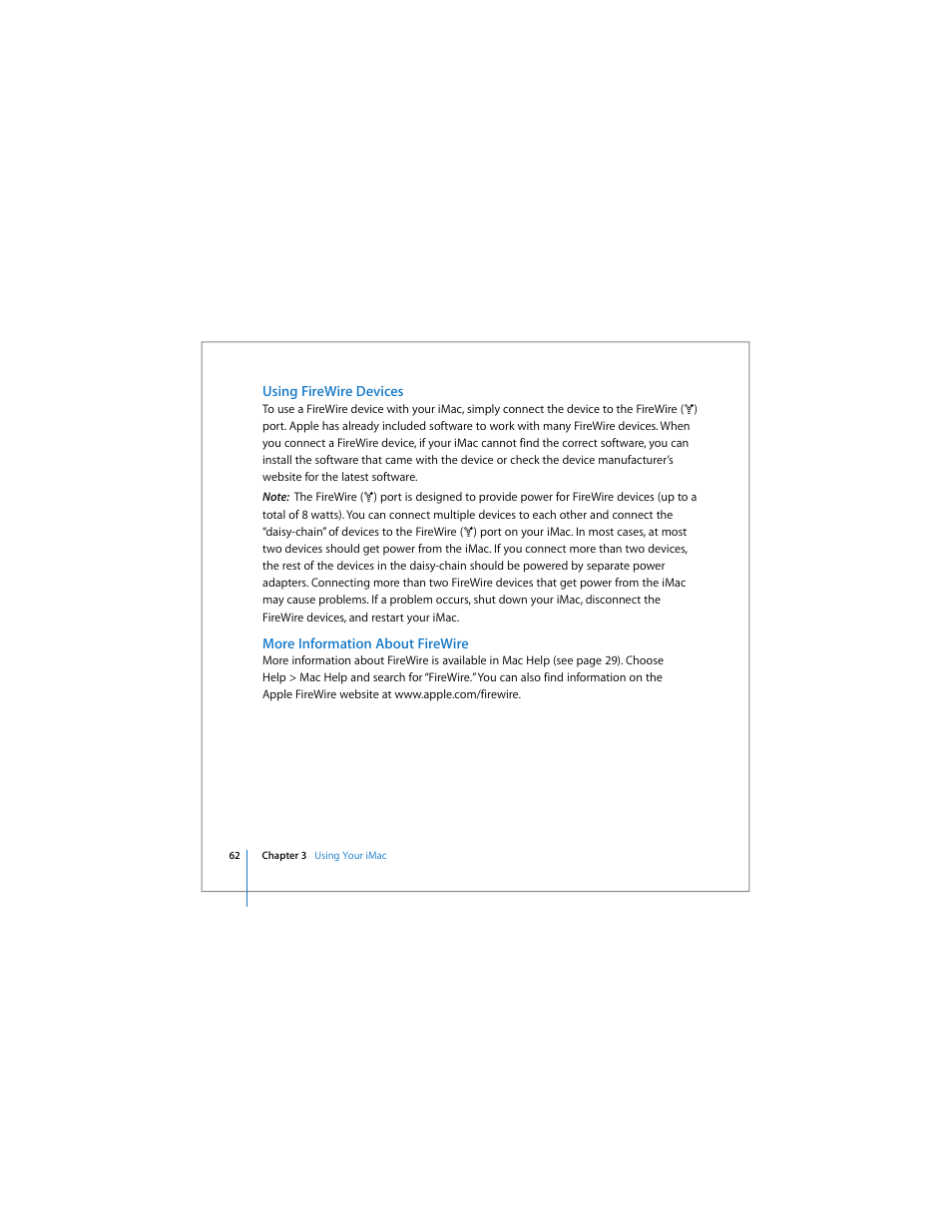 Using firewire devices, More information about firewire | Apple iMac (Early 2006) User Manual | Page 62 / 120