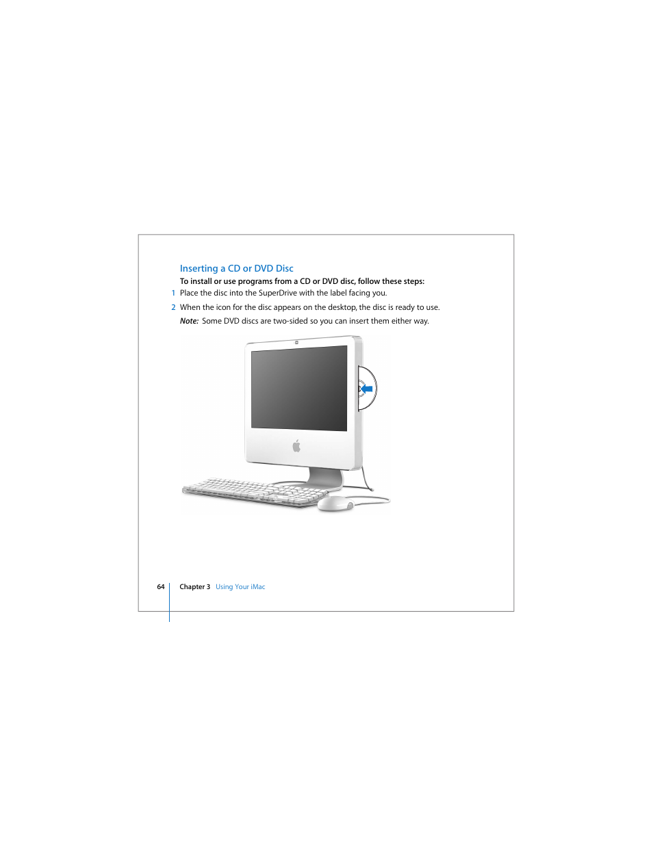 Inserting a cd or dvd disc | Apple iMac (Early 2006) User Manual | Page 64 / 120