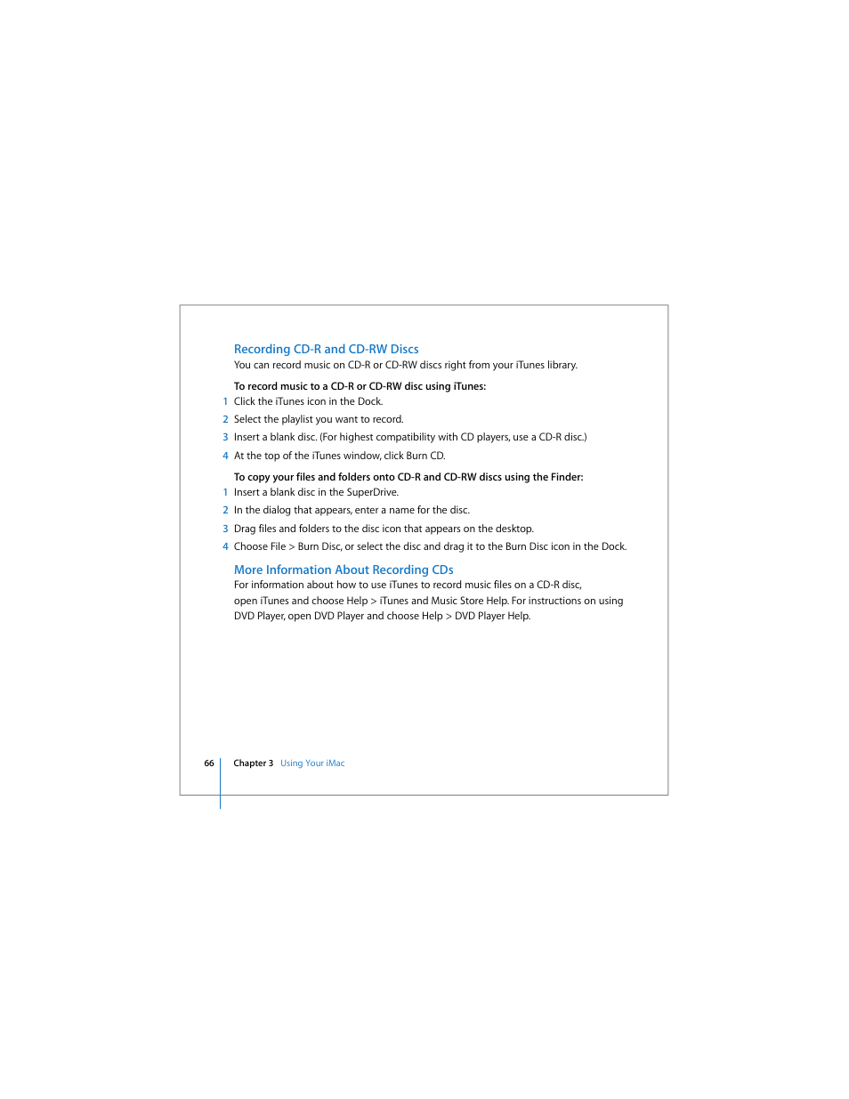 Recording cd-r and cd-rw discs, More information about recording cds | Apple iMac (Early 2006) User Manual | Page 66 / 120