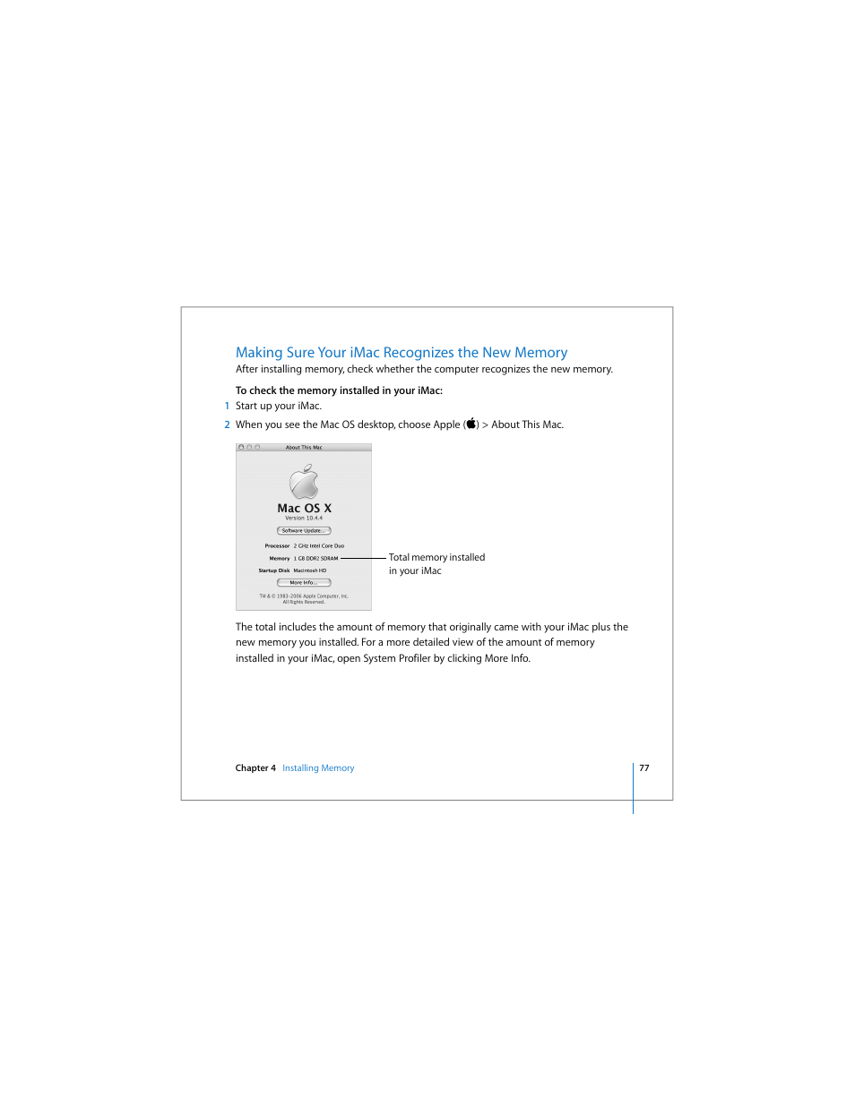 Making sure your imac recognizes the new memory | Apple iMac (Early 2006) User Manual | Page 77 / 120