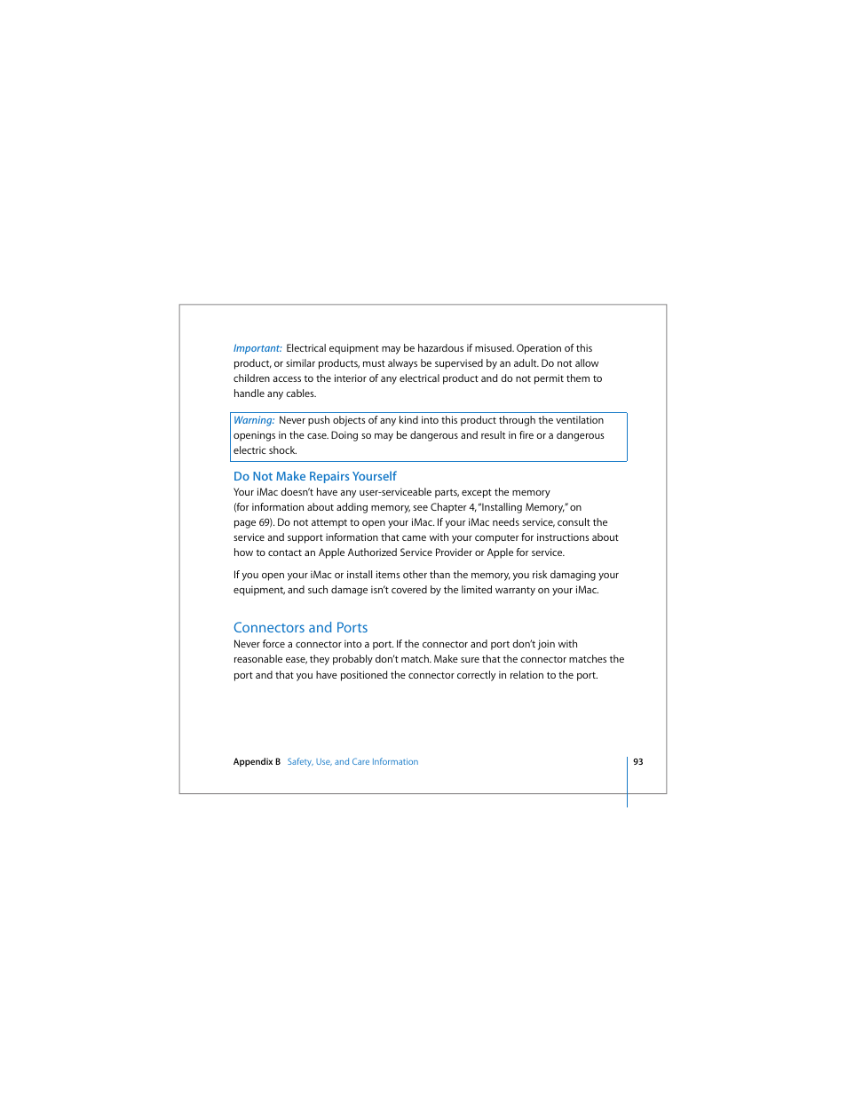 Do not make repairs yourself, Connectors and ports | Apple iMac (Early 2006) User Manual | Page 93 / 120