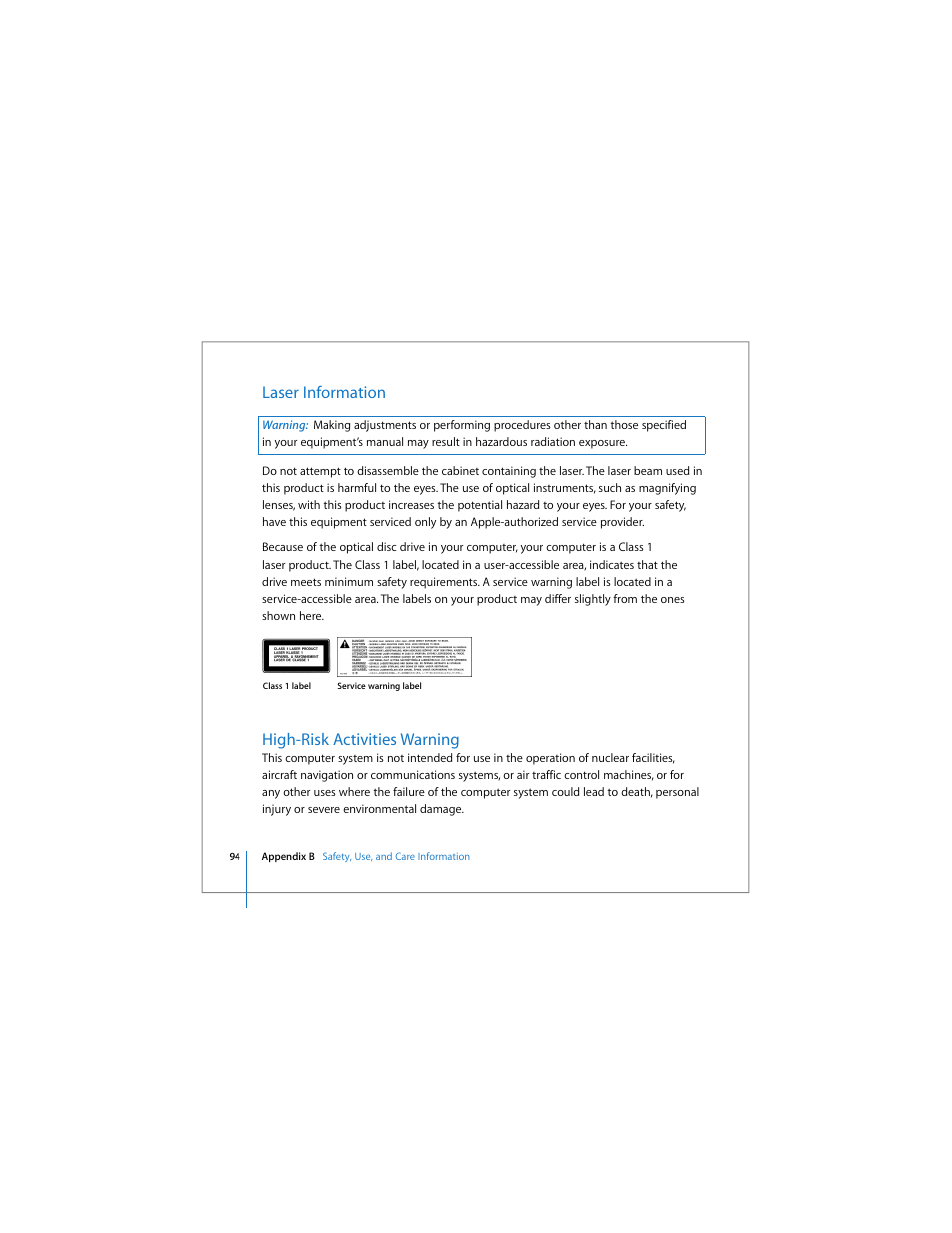 Laser information, High-risk activities warning | Apple iMac (Early 2006) User Manual | Page 94 / 120