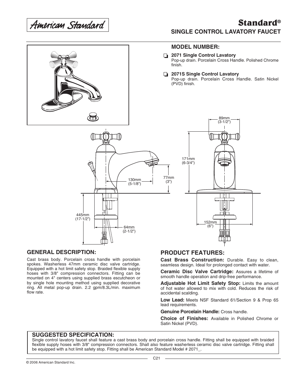 American Standard 2071 User Manual | 2 pages