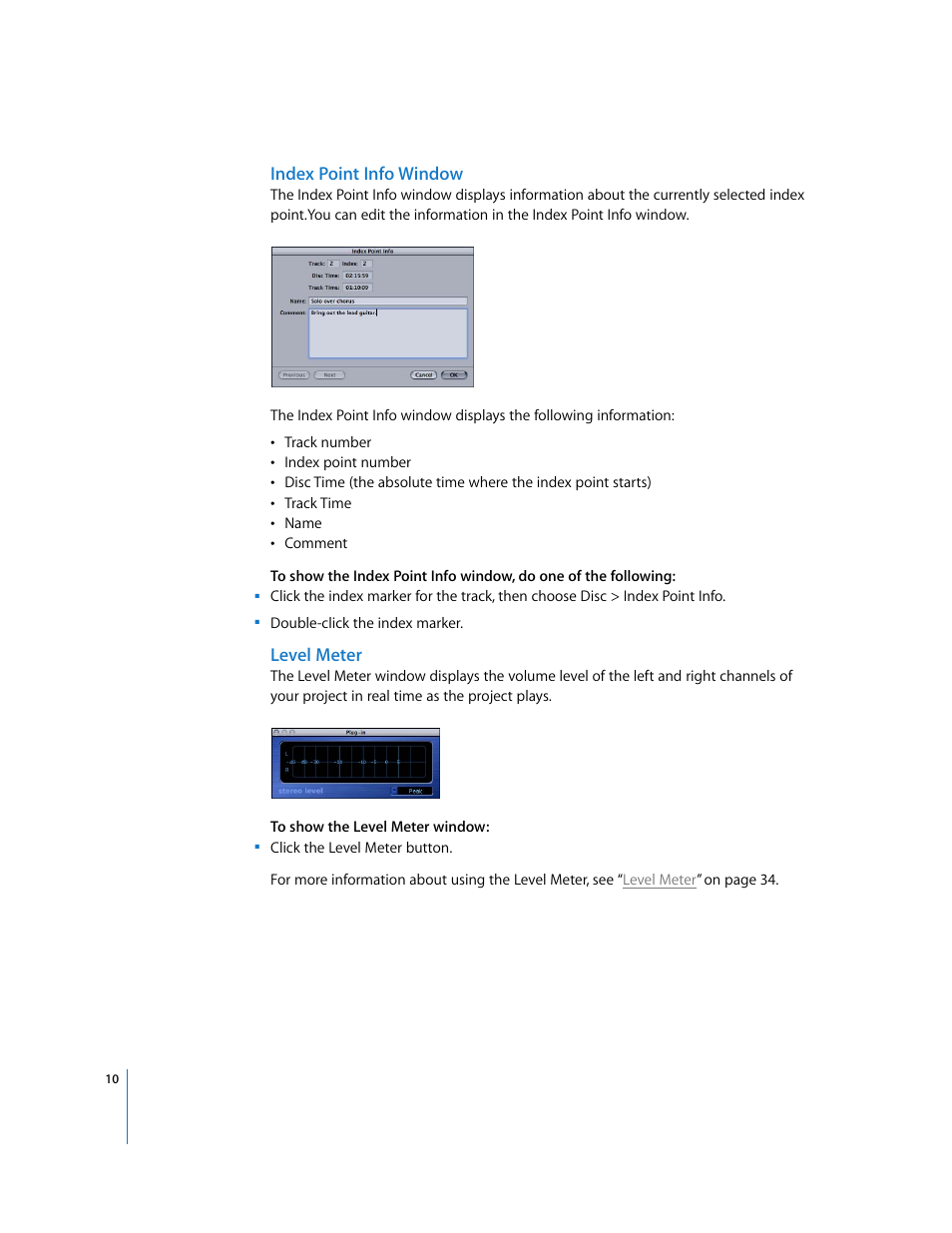 Index point info window, Level meter | Apple Using WaveBurner Pro 1.0 (with Logic Pro) User Manual | Page 10 / 43