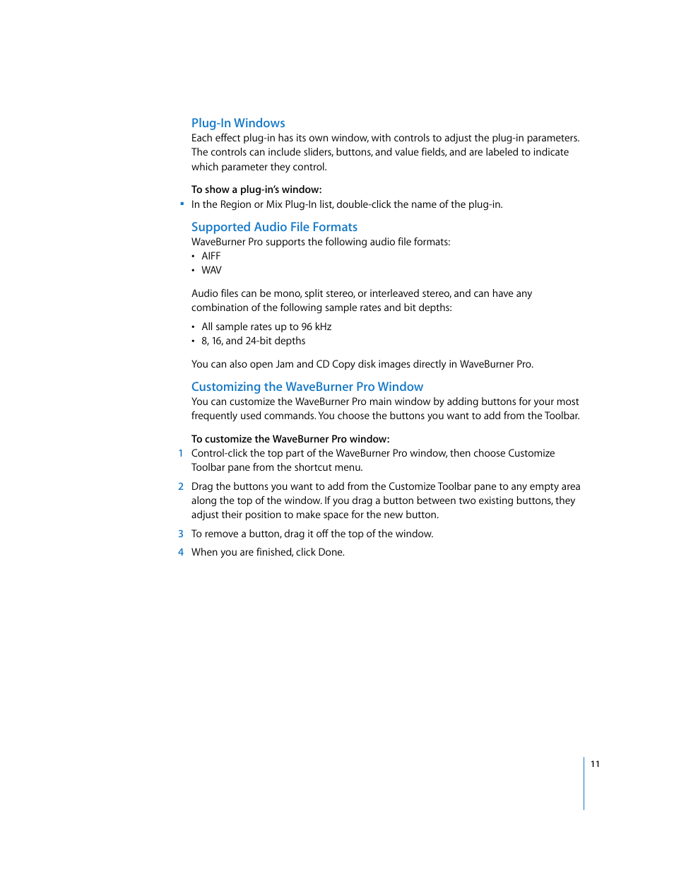 Plug-in windows, Supported audio file formats, Customizing the waveburner pro window | Apple Using WaveBurner Pro 1.0 (with Logic Pro) User Manual | Page 11 / 43