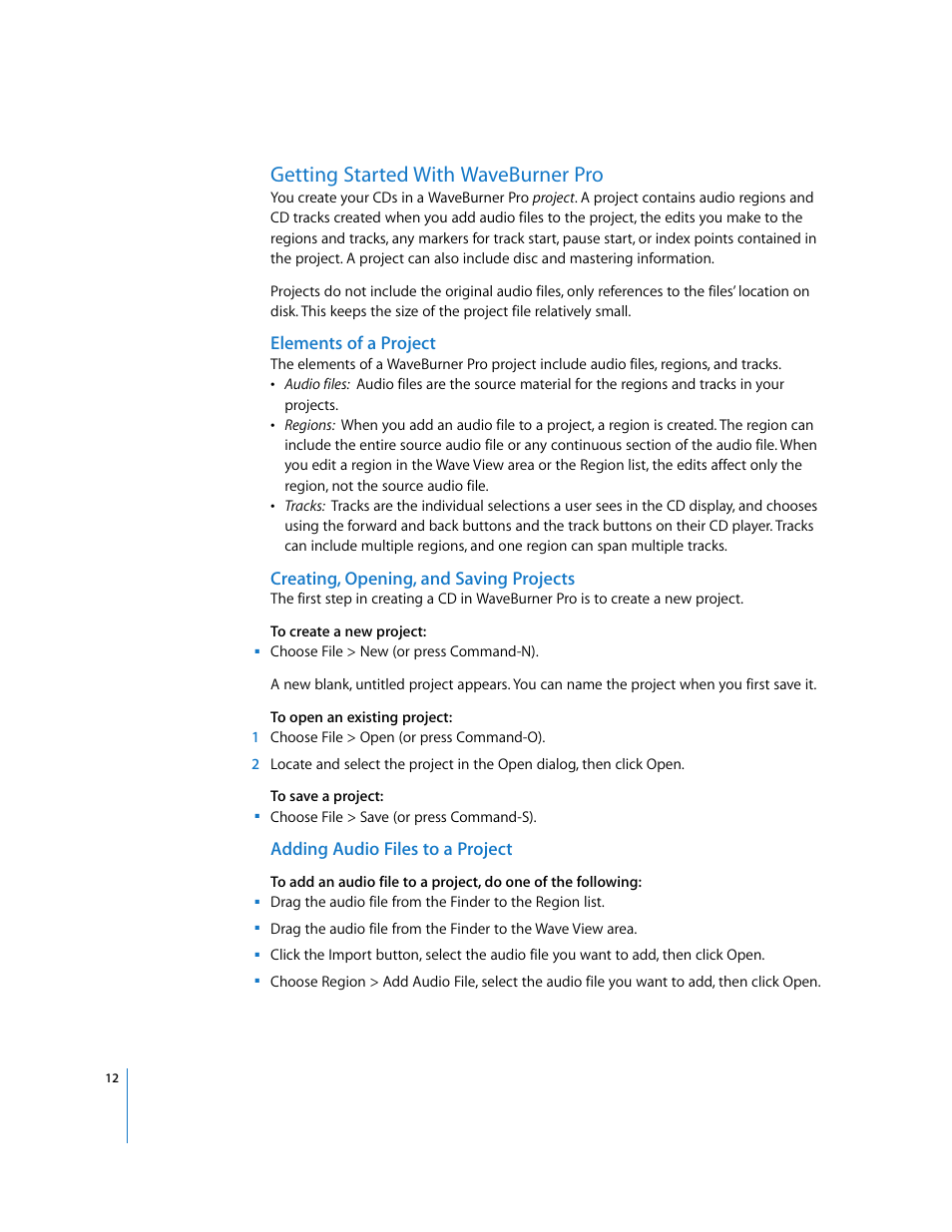Getting started with waveburner pro, Elements of a project, Creating, opening, and saving projects | Adding audio files to a project | Apple Using WaveBurner Pro 1.0 (with Logic Pro) User Manual | Page 12 / 43