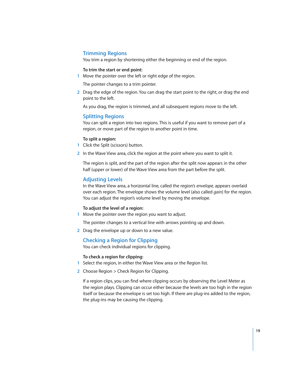 Trimming regions, Splitting regions, Adjusting levels | Checking a region for clipping | Apple Using WaveBurner Pro 1.0 (with Logic Pro) User Manual | Page 19 / 43