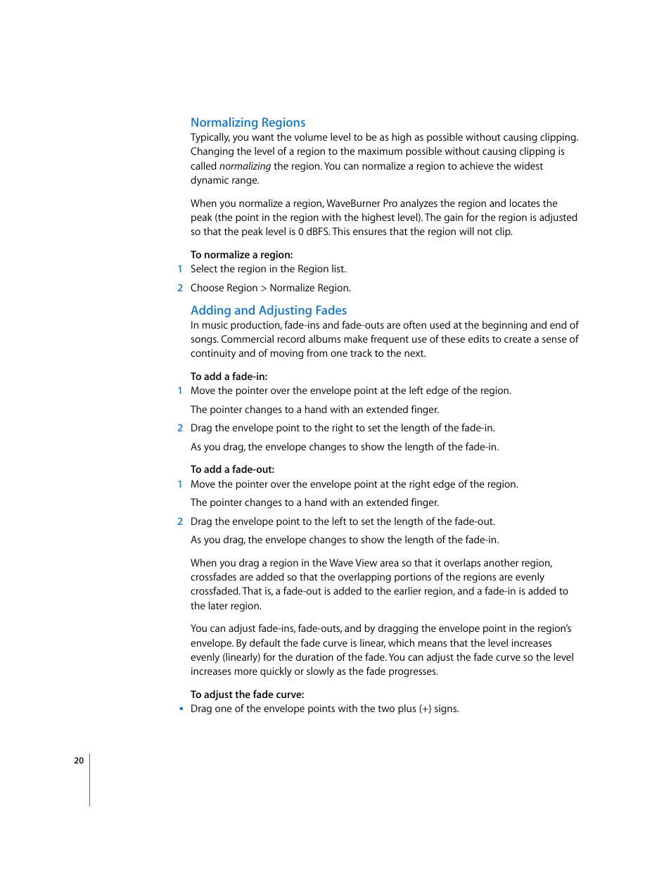 Normalizing regions, Adding and adjusting fades | Apple Using WaveBurner Pro 1.0 (with Logic Pro) User Manual | Page 20 / 43