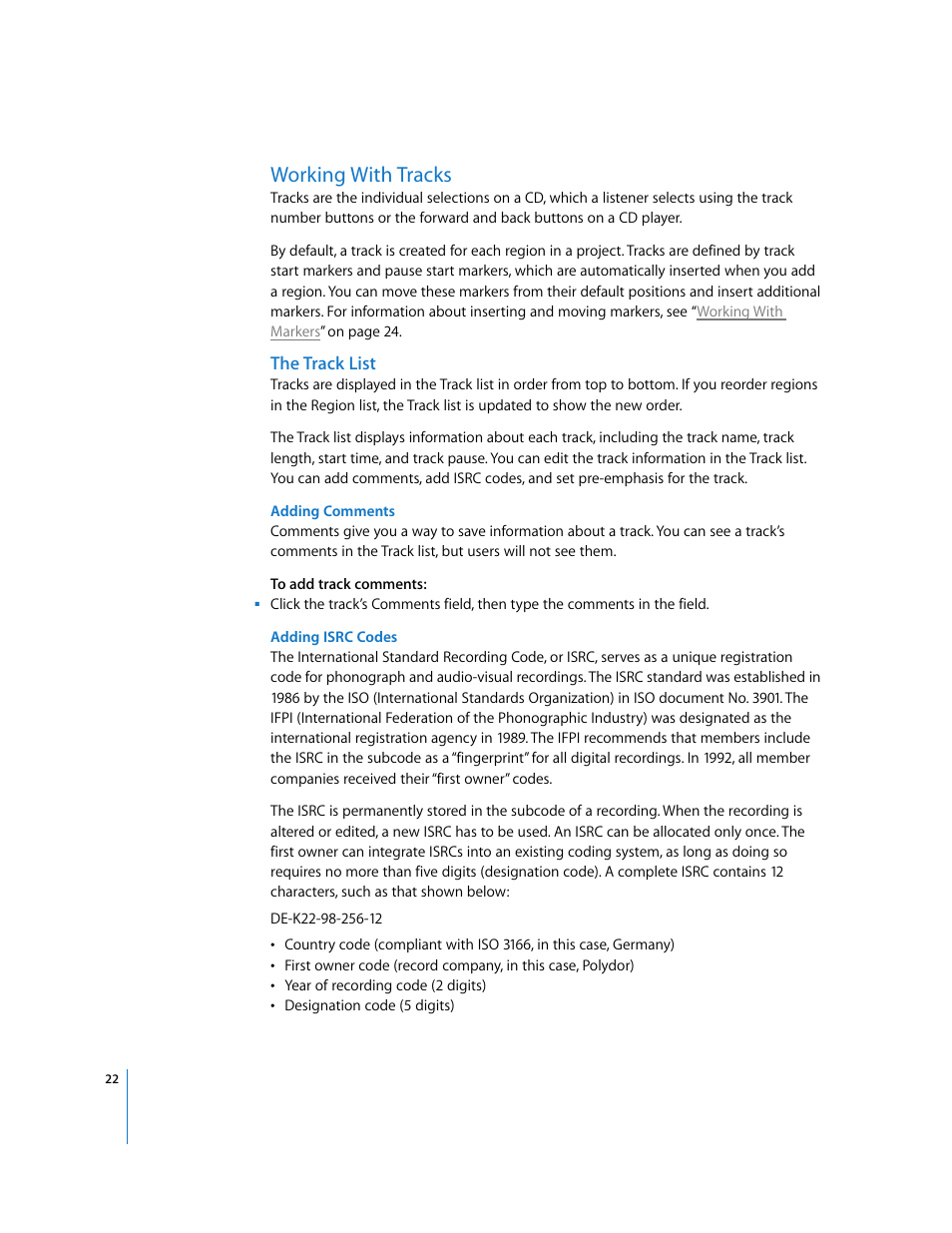 Working with tracks, The track list | Apple Using WaveBurner Pro 1.0 (with Logic Pro) User Manual | Page 22 / 43