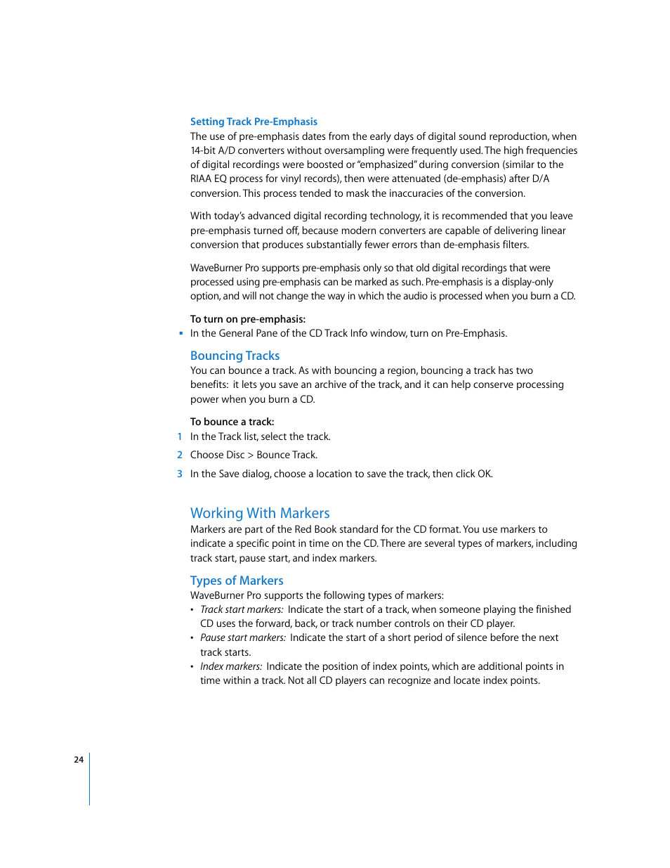 Bouncing tracks, Working with markers, Types of markers | Working with, Markers | Apple Using WaveBurner Pro 1.0 (with Logic Pro) User Manual | Page 24 / 43