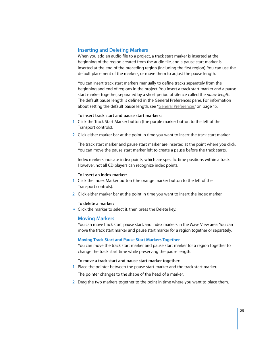 Inserting and deleting markers, Moving markers | Apple Using WaveBurner Pro 1.0 (with Logic Pro) User Manual | Page 25 / 43