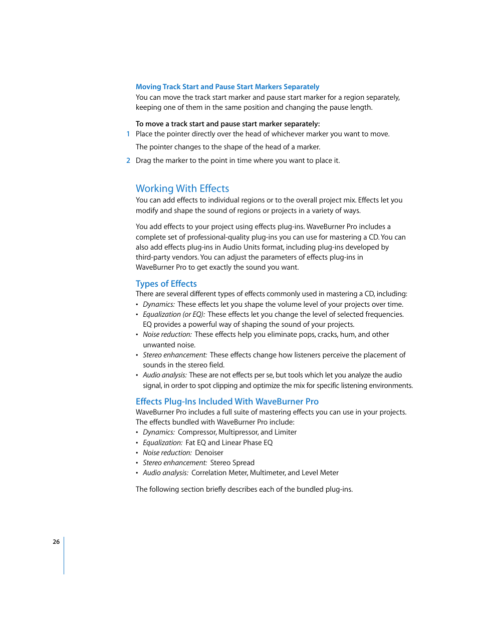 Working with effects, Types of effects, Effects plug-ins included with waveburner pro | Apple Using WaveBurner Pro 1.0 (with Logic Pro) User Manual | Page 26 / 43