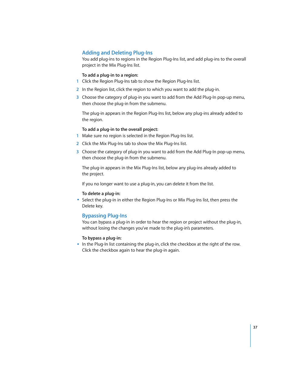 Adding and deleting plug-ins, Bypassing plug-ins | Apple Using WaveBurner Pro 1.0 (with Logic Pro) User Manual | Page 37 / 43