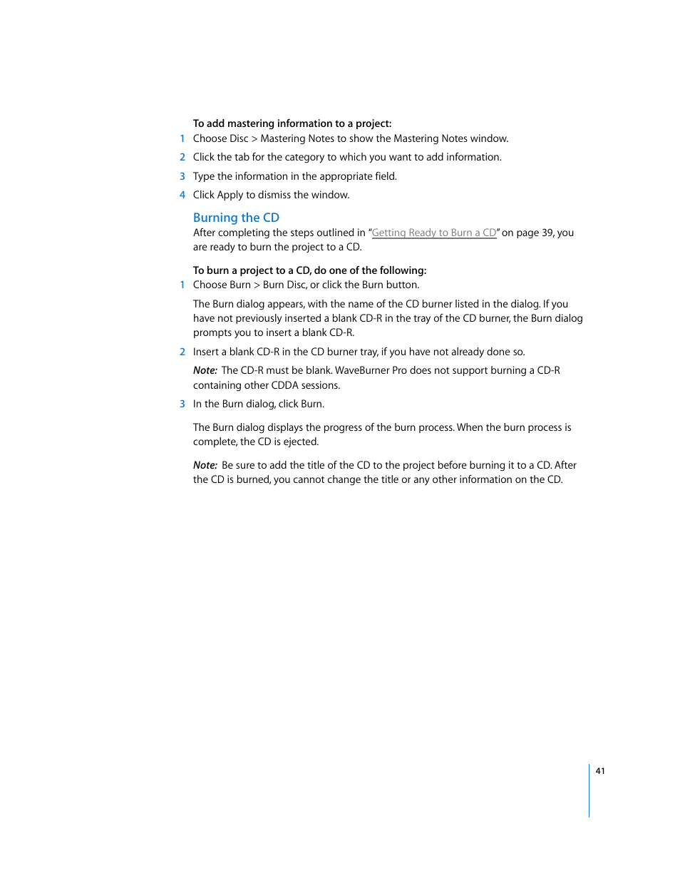 Burning the cd | Apple Using WaveBurner Pro 1.0 (with Logic Pro) User Manual | Page 41 / 43