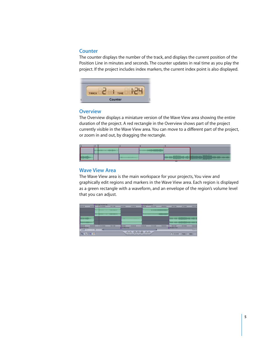 Counter, Overview, Wave view area | Apple Using WaveBurner Pro 1.0 (with Logic Pro) User Manual | Page 5 / 43