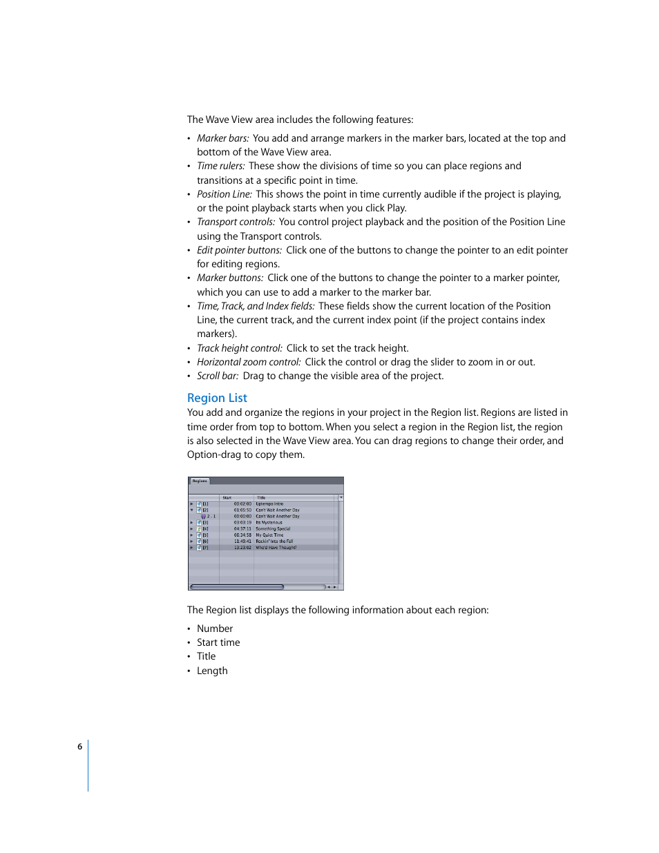 Region list | Apple Using WaveBurner Pro 1.0 (with Logic Pro) User Manual | Page 6 / 43
