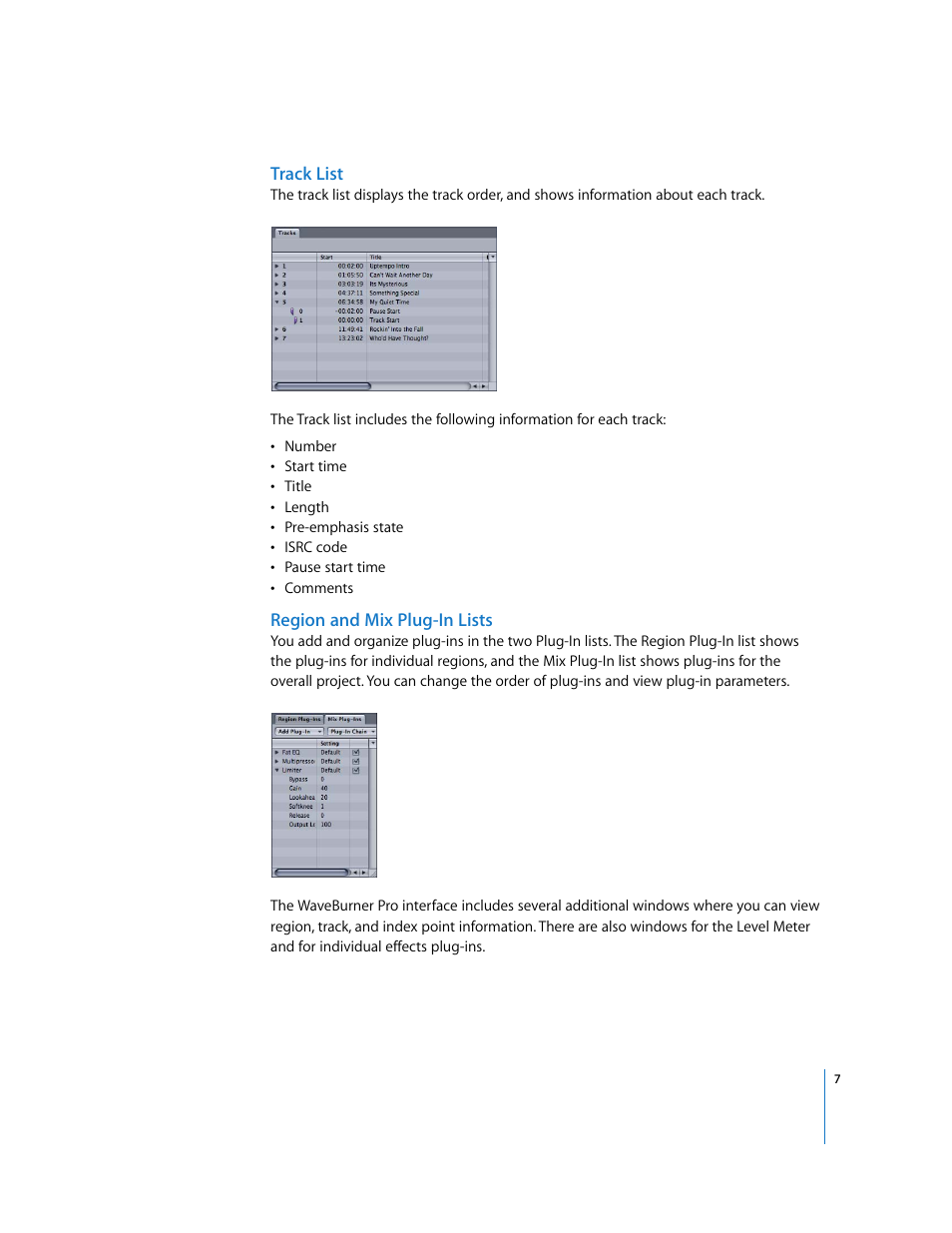 Track list, Region and mix plug-in lists | Apple Using WaveBurner Pro 1.0 (with Logic Pro) User Manual | Page 7 / 43