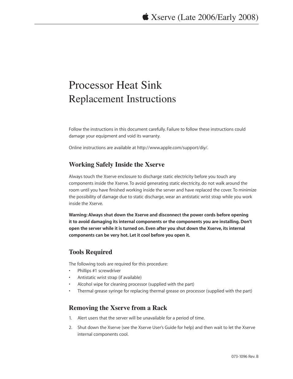 Apple Xserve (Early 2008) DIY Procedure for Heat Ssink User Manual | 14 pages