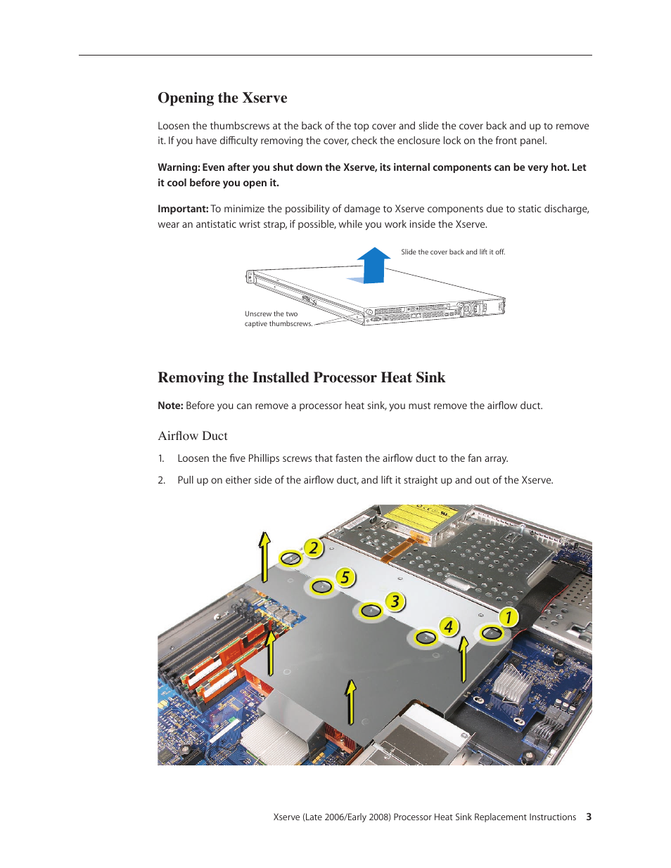 Opening the xserve, Removing the installed processor heat sink | Apple Xserve (Early 2008) DIY Procedure for Heat Ssink User Manual | Page 3 / 14