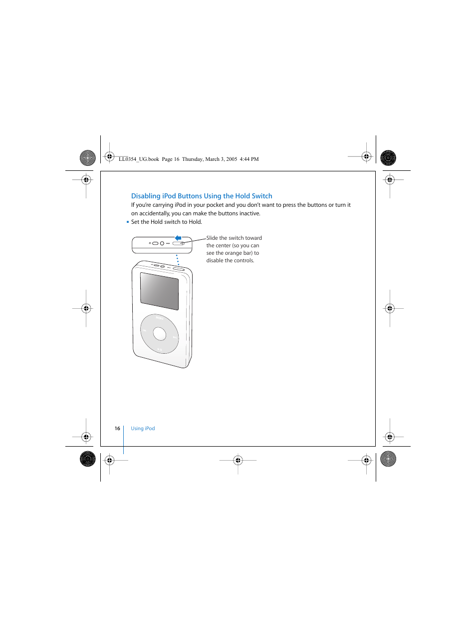 Disabling ipod buttons using the hold switch | Apple iPod (with color display) User Manual | Page 16 / 77