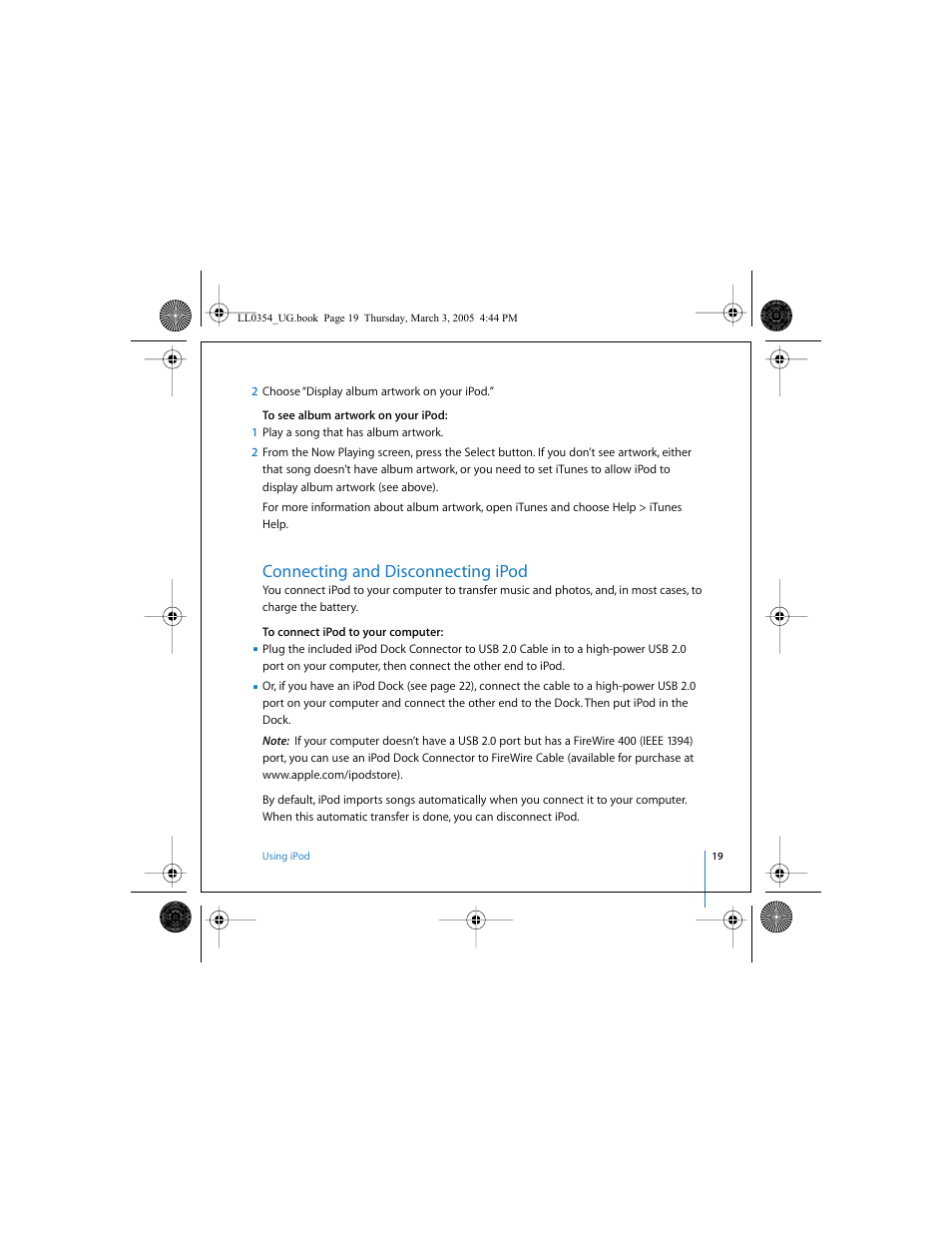 Connecting and disconnecting ipod | Apple iPod (with color display) User Manual | Page 19 / 77