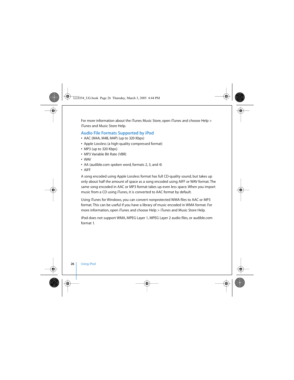 Audio file formats supported by ipod | Apple iPod (with color display) User Manual | Page 26 / 77