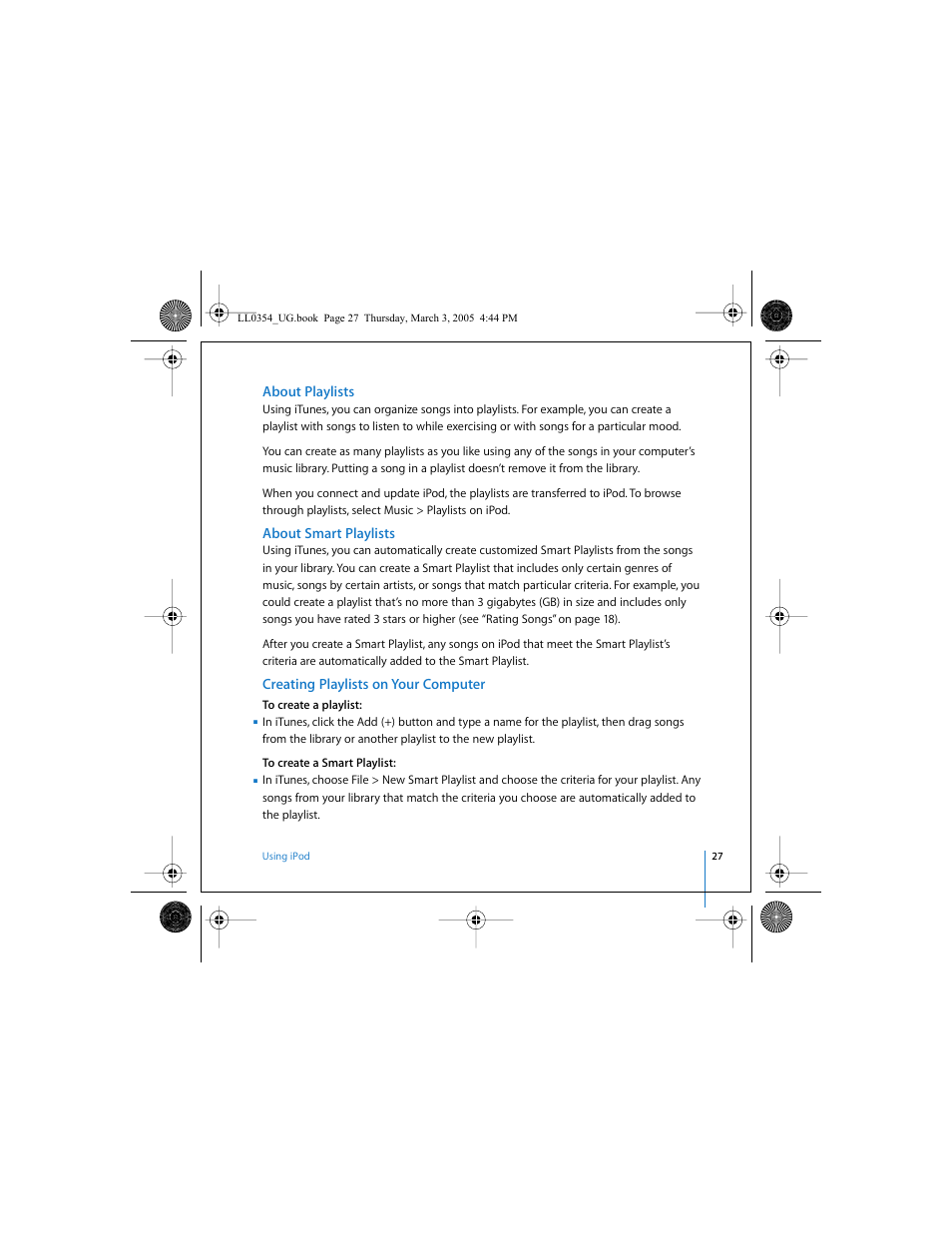 About playlists, About smart playlists, Creating playlists on your computer | Apple iPod (with color display) User Manual | Page 27 / 77