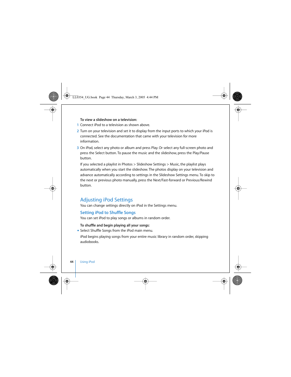 Adjusting ipod settings, Setting ipod to shuffle songs | Apple iPod (with color display) User Manual | Page 44 / 77