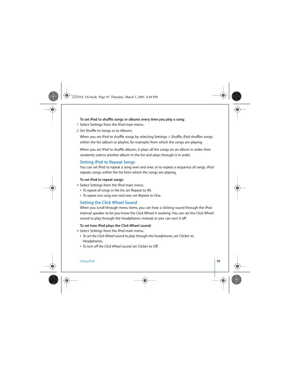 Setting ipod to repeat songs, Setting the click wheel sound | Apple iPod (with color display) User Manual | Page 45 / 77