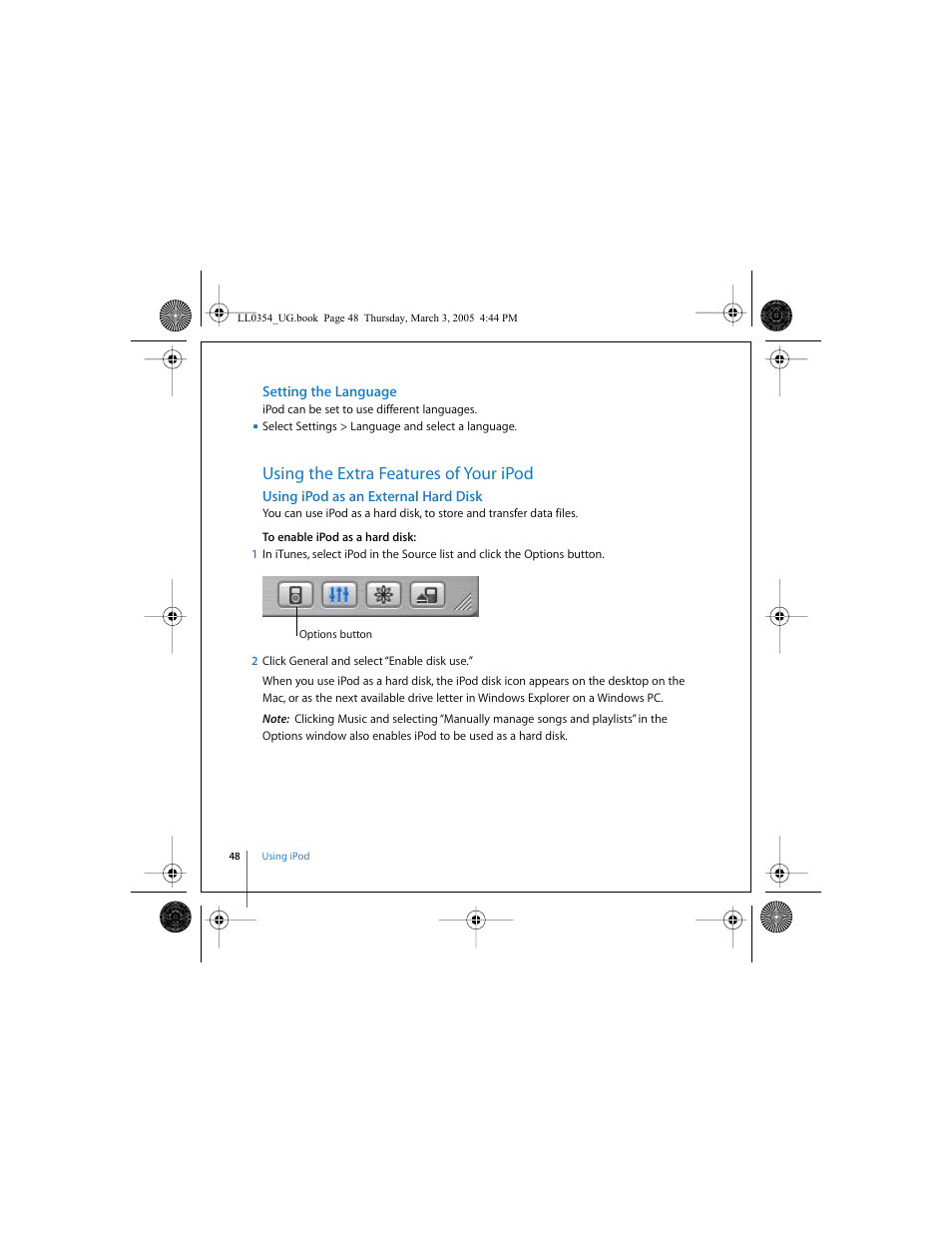Setting the language, Using the extra features of your ipod, Using ipod as an external hard disk | Apple iPod (with color display) User Manual | Page 48 / 77