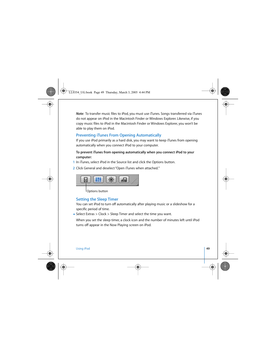 Preventing itunes from opening automatically, Setting the sleep timer | Apple iPod (with color display) User Manual | Page 49 / 77