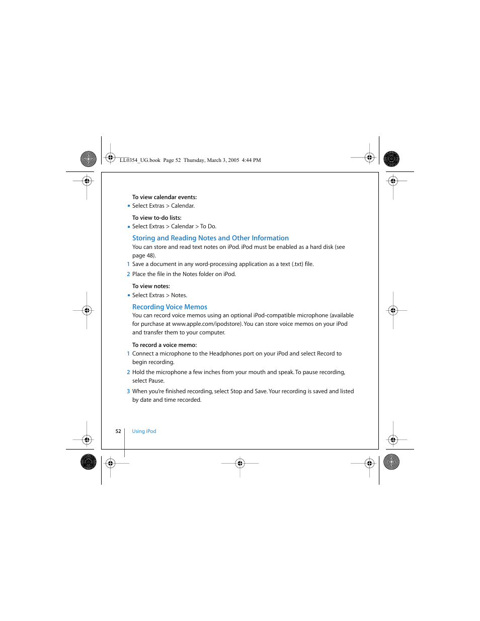 Storing and reading notes and other information, Recording voice memos | Apple iPod (with color display) User Manual | Page 52 / 77