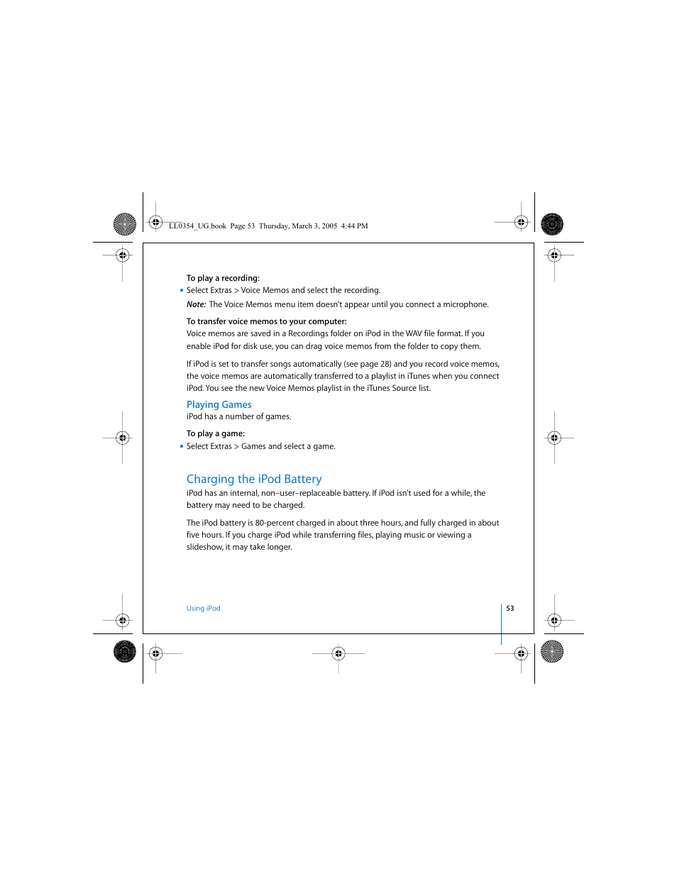 Playing games, Charging the ipod battery | Apple iPod (with color display) User Manual | Page 53 / 77