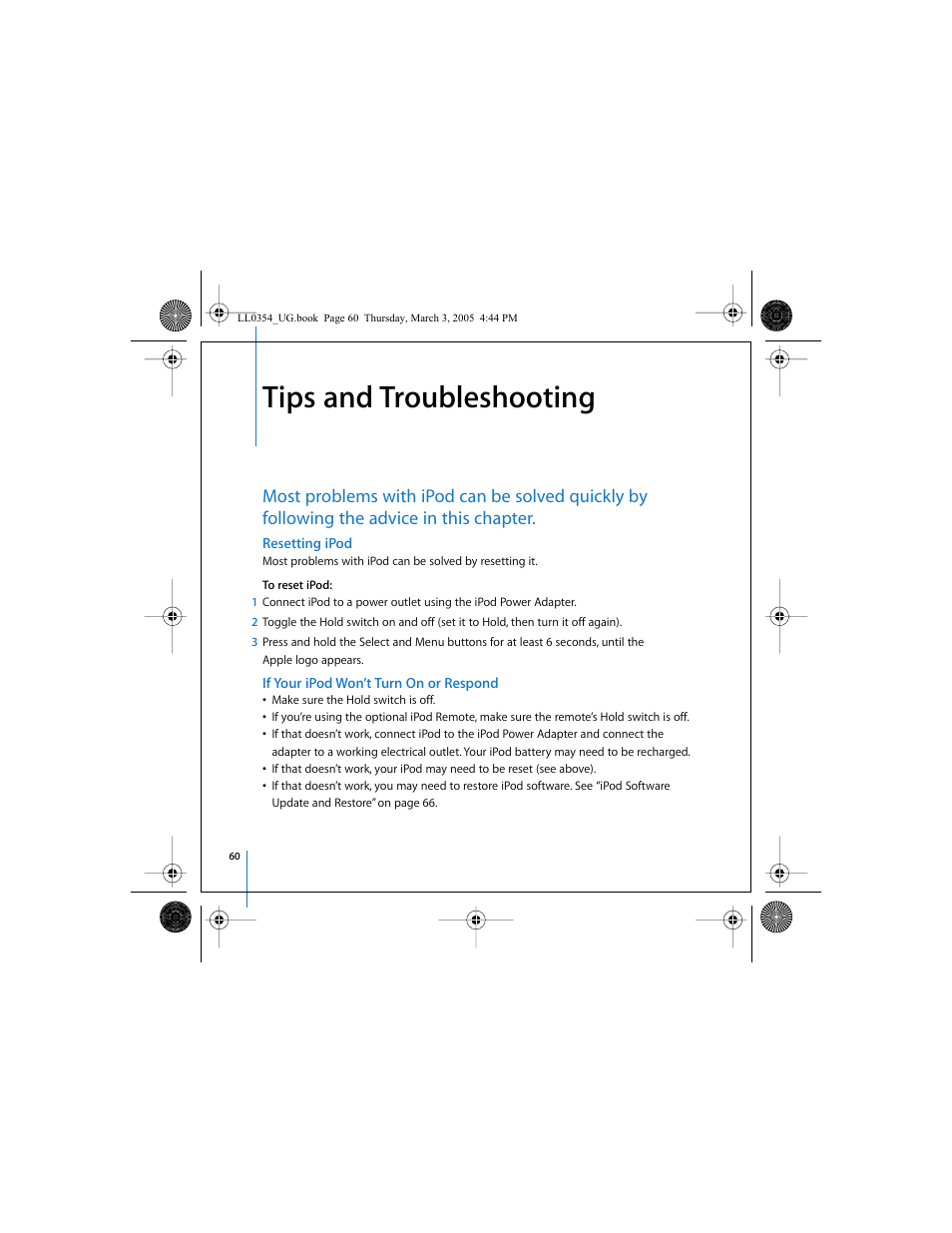 Tips and troubleshooting, Resetting ipod, If your ipod won’t turn on or respond | Apple iPod (with color display) User Manual | Page 60 / 77