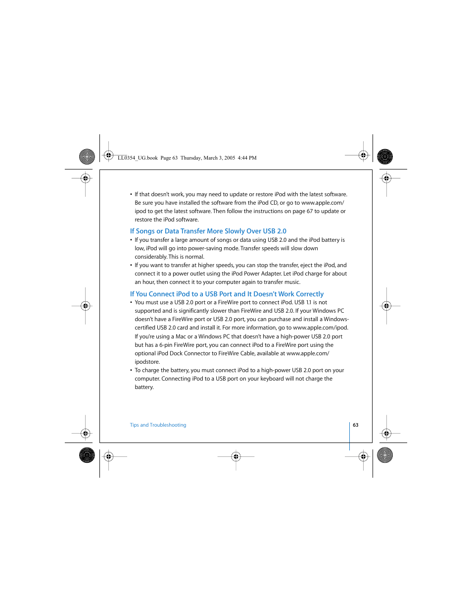 If songs or data transfer more slowly over usb 2.0 | Apple iPod (with color display) User Manual | Page 63 / 77