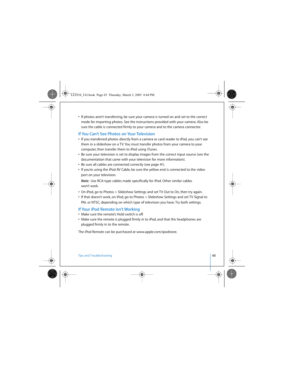 If you can’t see photos on your television, If your ipod remote isn’t working | Apple iPod (with color display) User Manual | Page 65 / 77