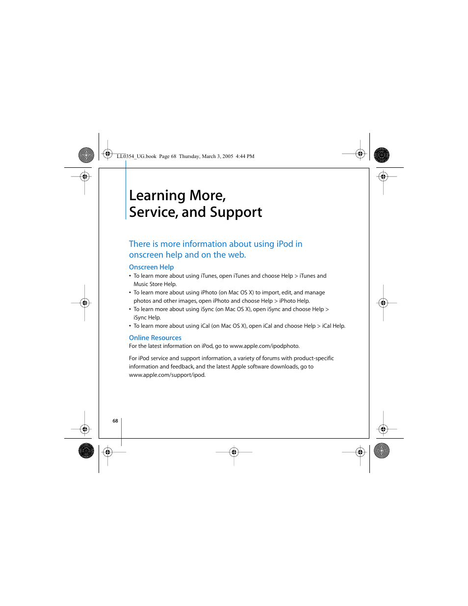 Learning more, service, and support, Onscreen help, Online resources | Apple iPod (with color display) User Manual | Page 68 / 77