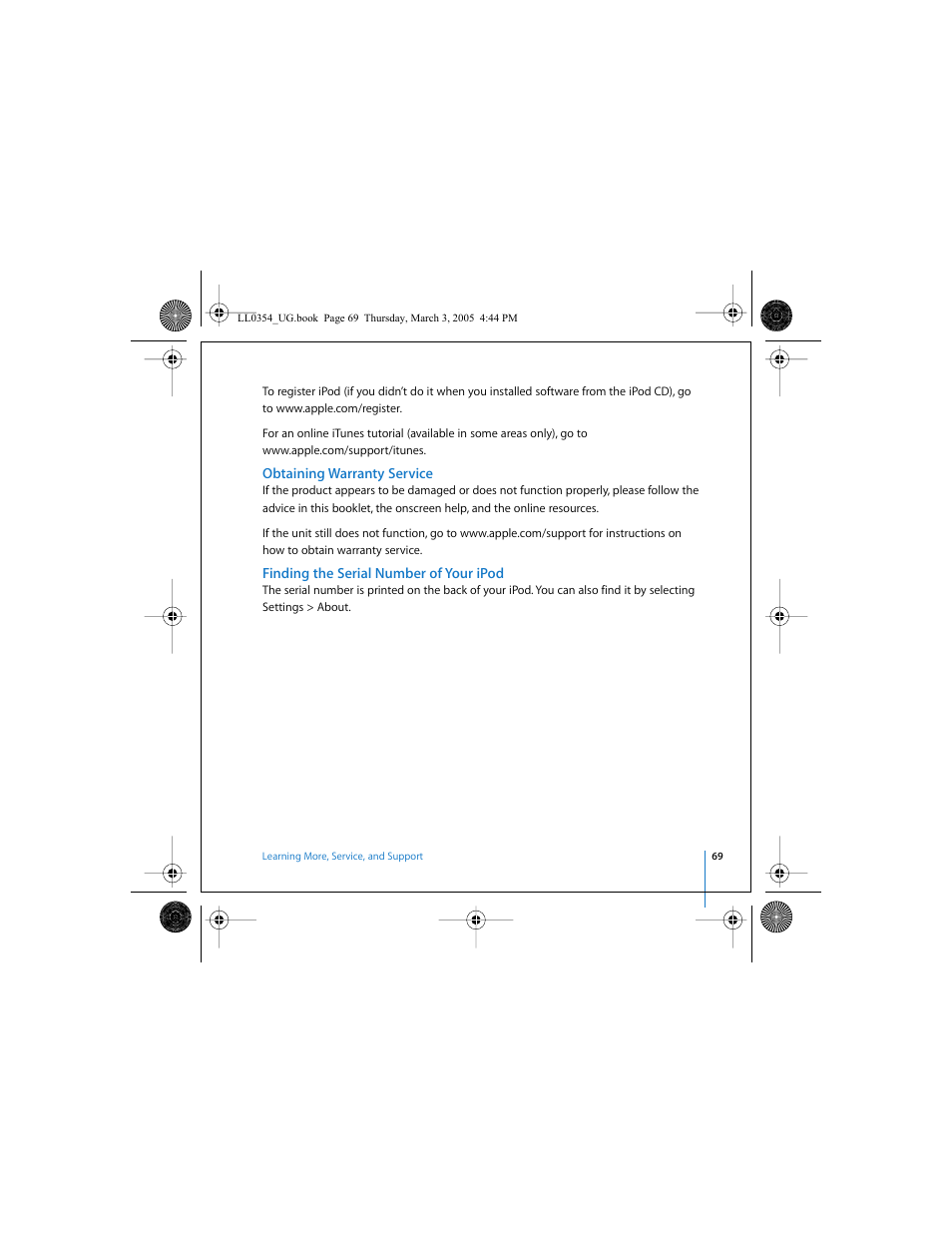 Obtaining warranty service, Finding the serial number of your ipod | Apple iPod (with color display) User Manual | Page 69 / 77