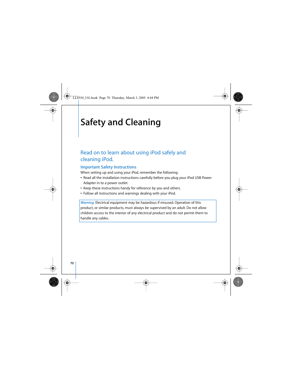 Safety and cleaning, Important safety instructions | Apple iPod (with color display) User Manual | Page 70 / 77