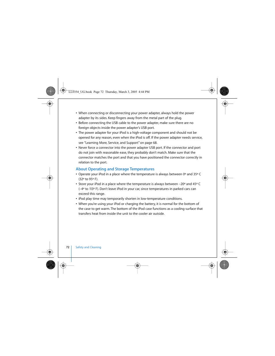 About operating and storage temperatures | Apple iPod (with color display) User Manual | Page 72 / 77