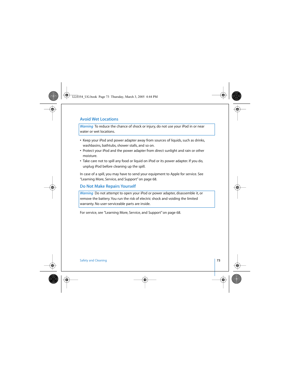 Avoid wet locations, Do not make repairs yourself | Apple iPod (with color display) User Manual | Page 73 / 77