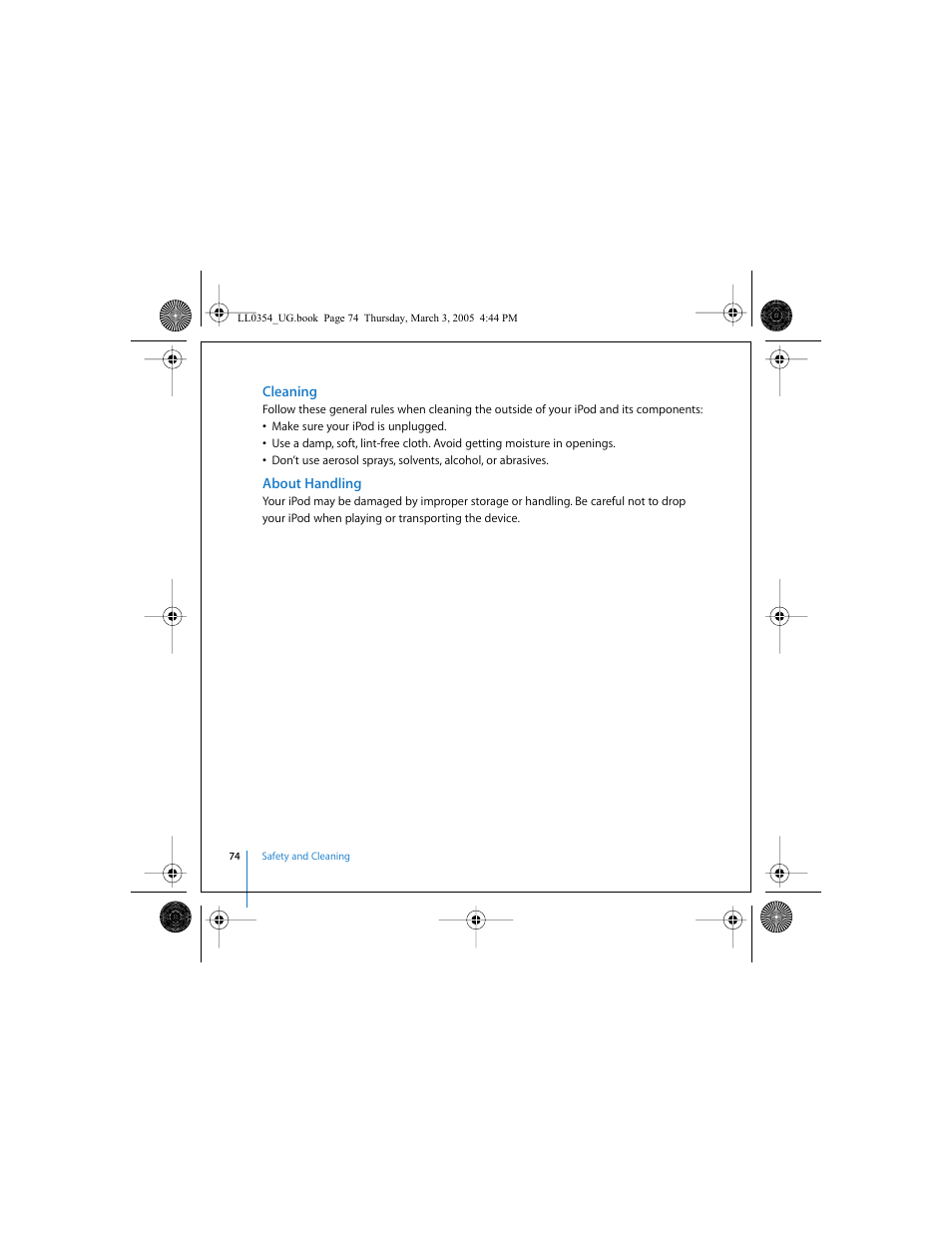 Cleaning, About handling | Apple iPod (with color display) User Manual | Page 74 / 77