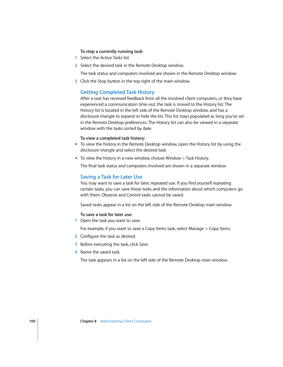 Getting completed task history, Saving a task for later use | Apple Remote Desktop 3.1 User Manual | Page 100 / 191